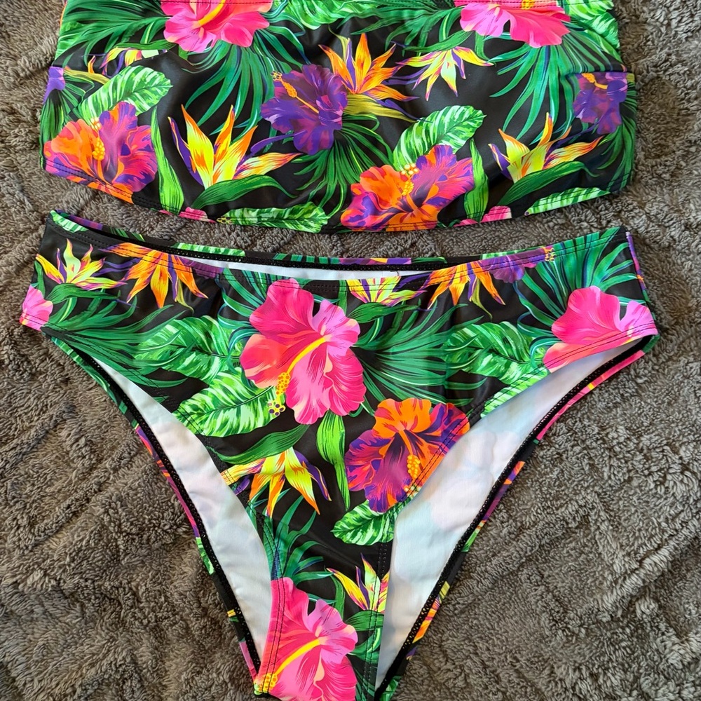 SHEIN Tropical Floral Bikini - Black, Pink, Green